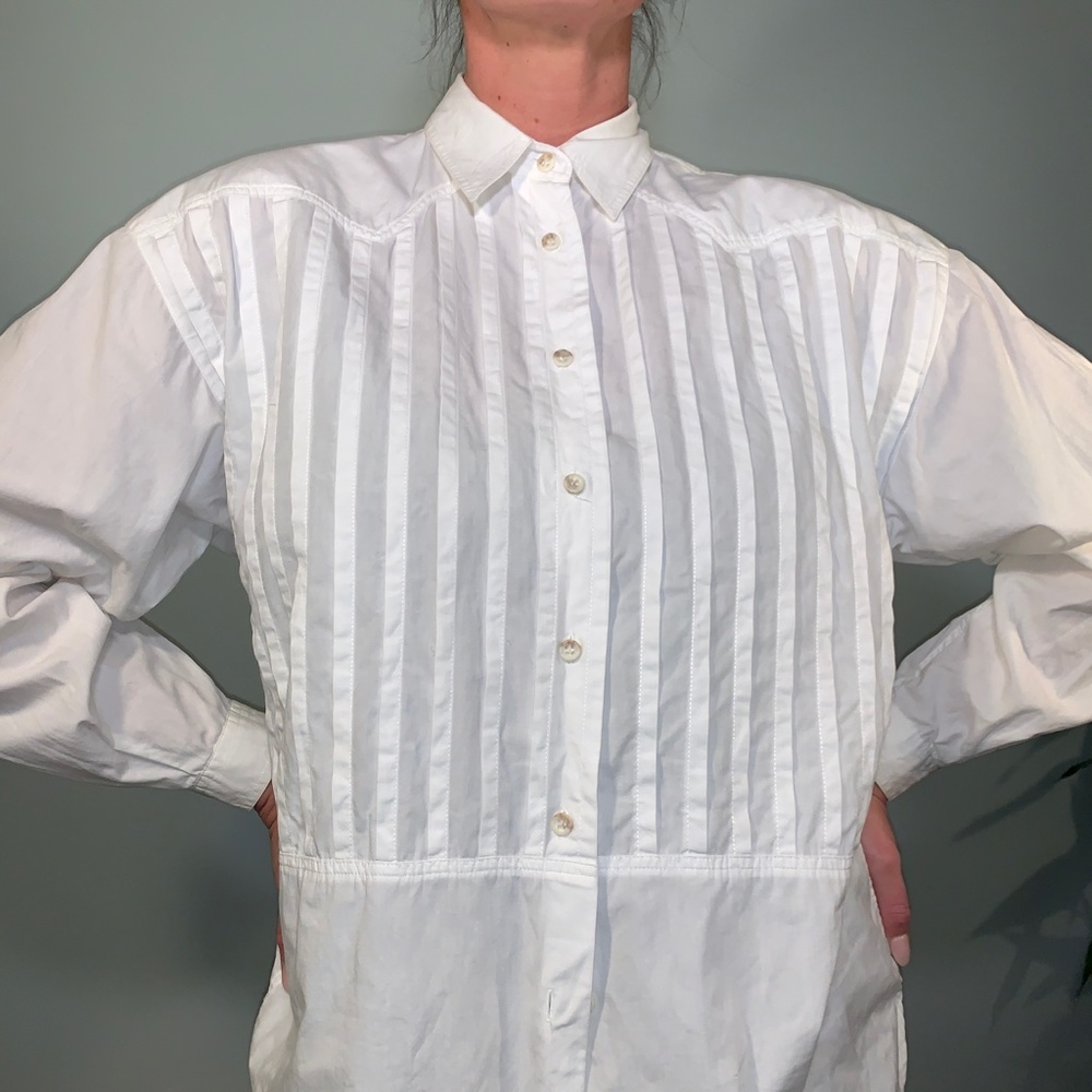 vintage white button down shirt / liz claiborne pleated long sleeve blouse / M - Picture 1 of 5